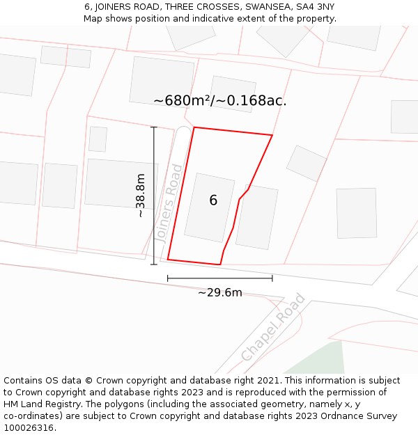 6, JOINERS ROAD, THREE CROSSES, SWANSEA, SA4 3NY: Plot and title map