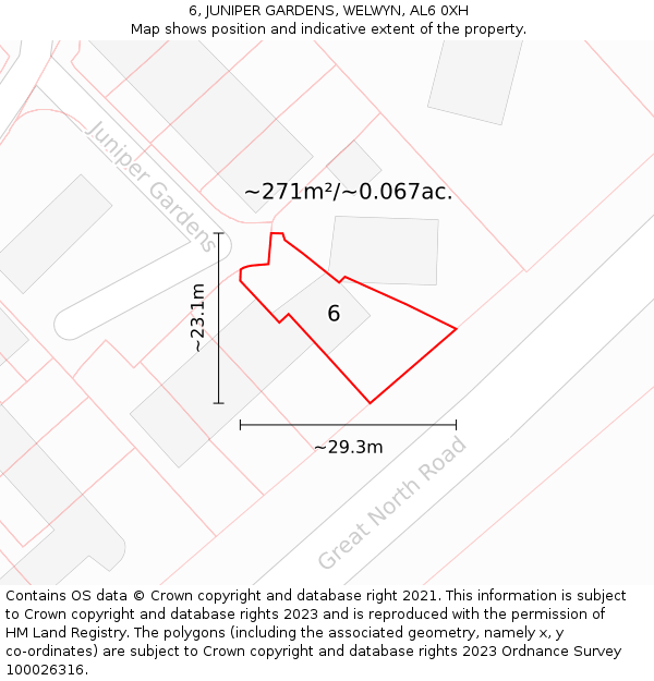 6, JUNIPER GARDENS, WELWYN, AL6 0XH: Plot and title map