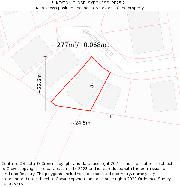 6, KEATON CLOSE, SKEGNESS, PE25 2LL: Plot and title map