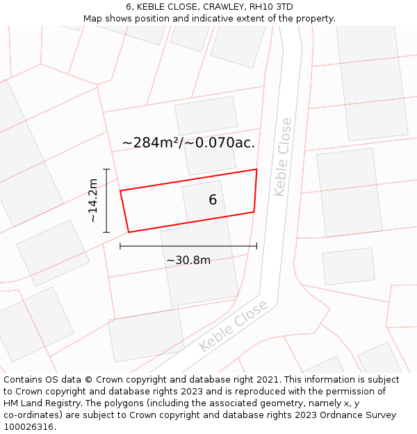 6, KEBLE CLOSE, CRAWLEY, RH10 3TD: Plot and title map