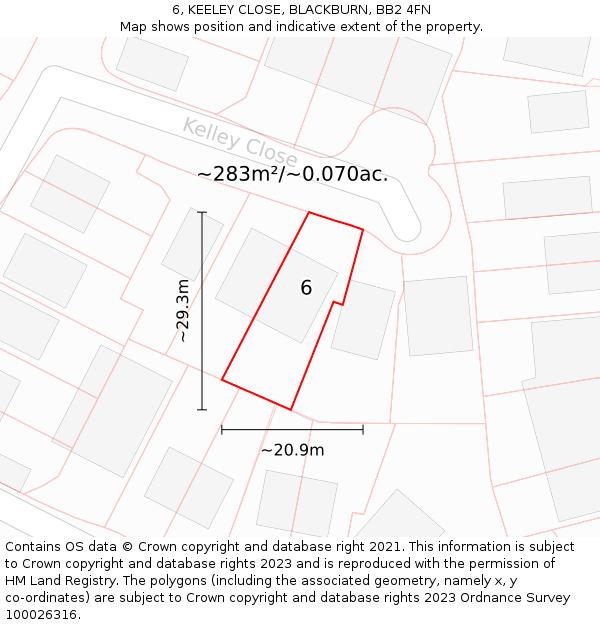 6, KEELEY CLOSE, BLACKBURN, BB2 4FN: Plot and title map