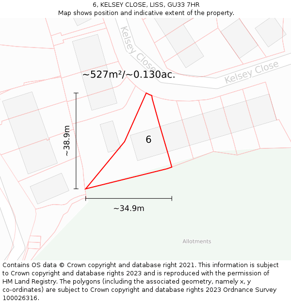 6, KELSEY CLOSE, LISS, GU33 7HR: Plot and title map