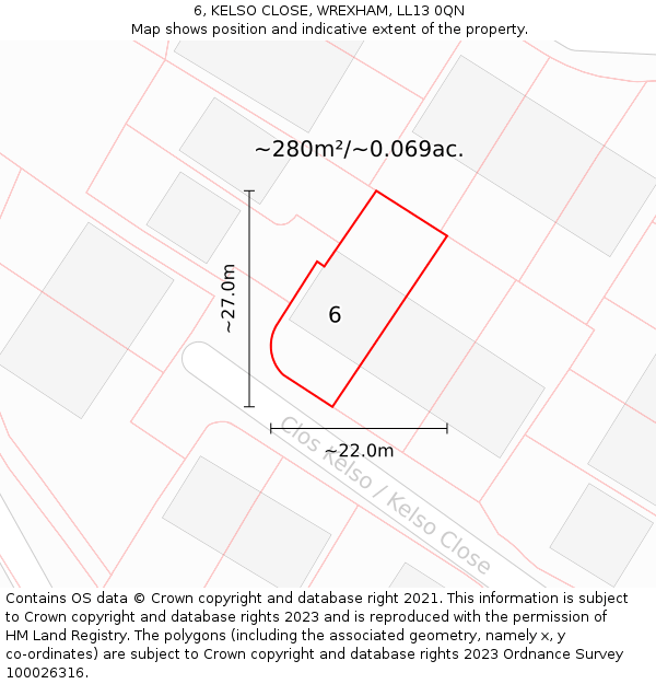 6, KELSO CLOSE, WREXHAM, LL13 0QN: Plot and title map