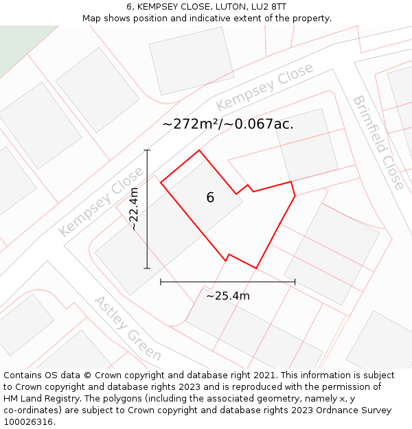 6, KEMPSEY CLOSE, LUTON, LU2 8TT: Plot and title map