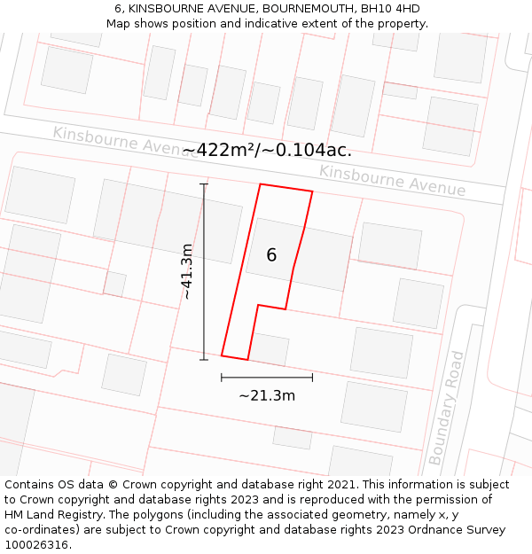 6, KINSBOURNE AVENUE, BOURNEMOUTH, BH10 4HD: Plot and title map