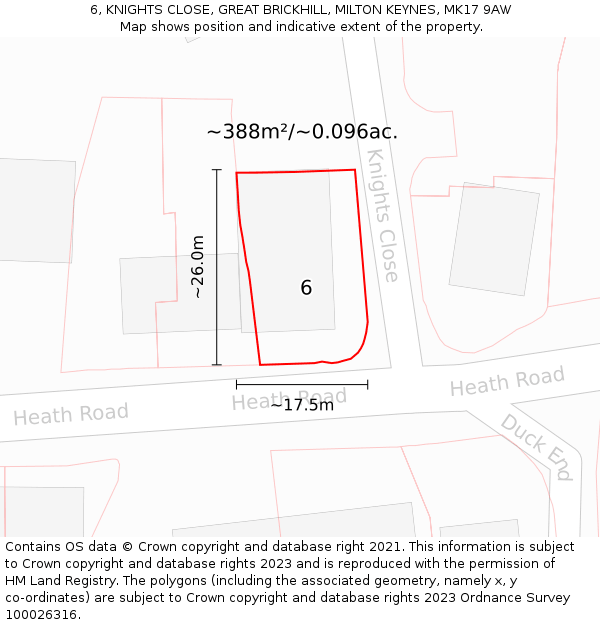 6, KNIGHTS CLOSE, GREAT BRICKHILL, MILTON KEYNES, MK17 9AW: Plot and title map