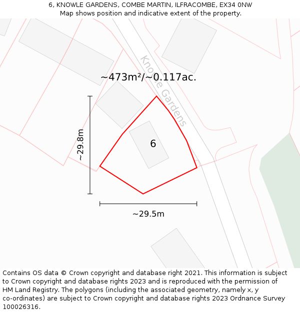 6, KNOWLE GARDENS, COMBE MARTIN, ILFRACOMBE, EX34 0NW: Plot and title map