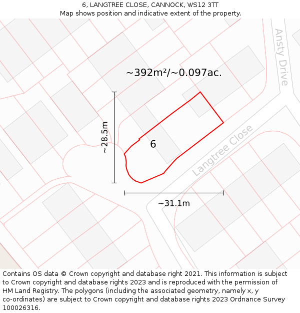 6, LANGTREE CLOSE, CANNOCK, WS12 3TT: Plot and title map