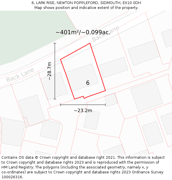 6, LARK RISE, NEWTON POPPLEFORD, SIDMOUTH, EX10 0DH: Plot and title map