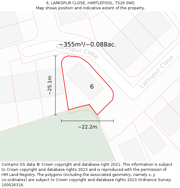 6, LARKSPUR CLOSE, HARTLEPOOL, TS26 0WD: Plot and title map