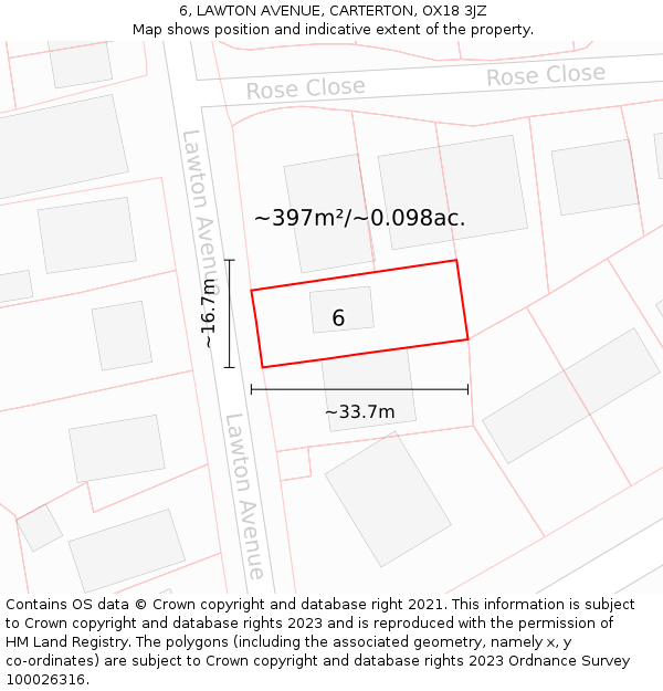 6, LAWTON AVENUE, CARTERTON, OX18 3JZ: Plot and title map