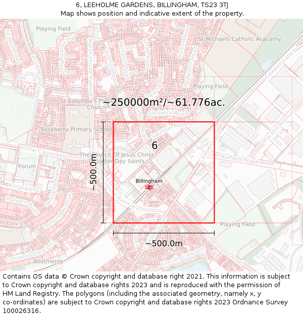 6, LEEHOLME GARDENS, BILLINGHAM, TS23 3TJ: Plot and title map