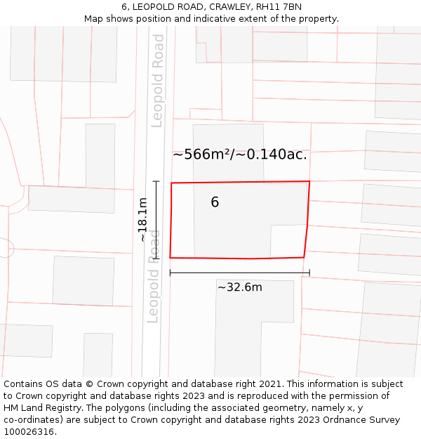 6, LEOPOLD ROAD, CRAWLEY, RH11 7BN: Plot and title map