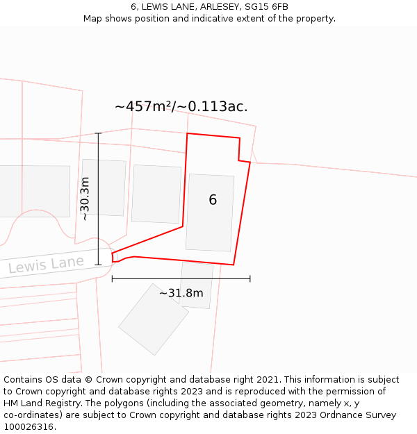 6, LEWIS LANE, ARLESEY, SG15 6FB: Plot and title map