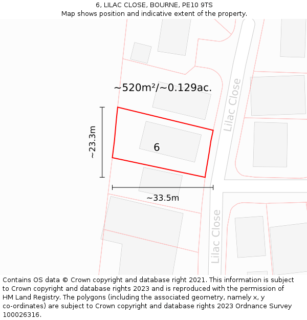 6, LILAC CLOSE, BOURNE, PE10 9TS: Plot and title map