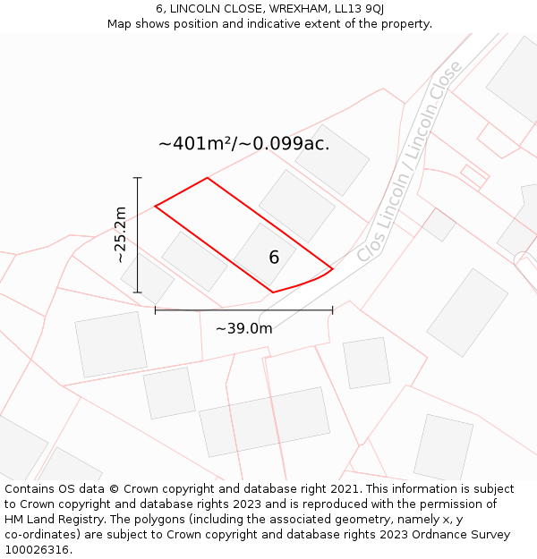 6, LINCOLN CLOSE, WREXHAM, LL13 9QJ: Plot and title map