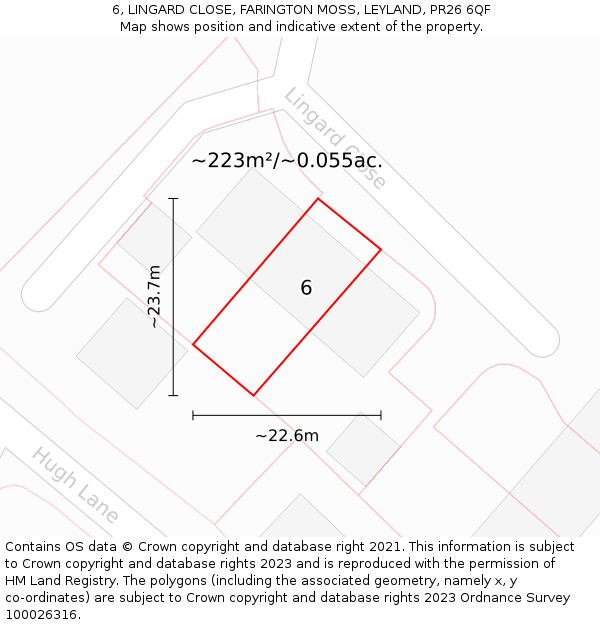 6, LINGARD CLOSE, FARINGTON MOSS, LEYLAND, PR26 6QF: Plot and title map