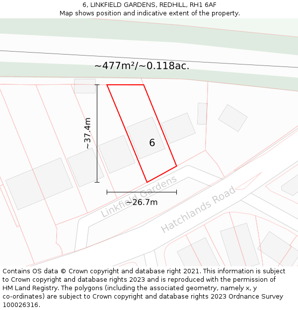 6, LINKFIELD GARDENS, REDHILL, RH1 6AF: Plot and title map