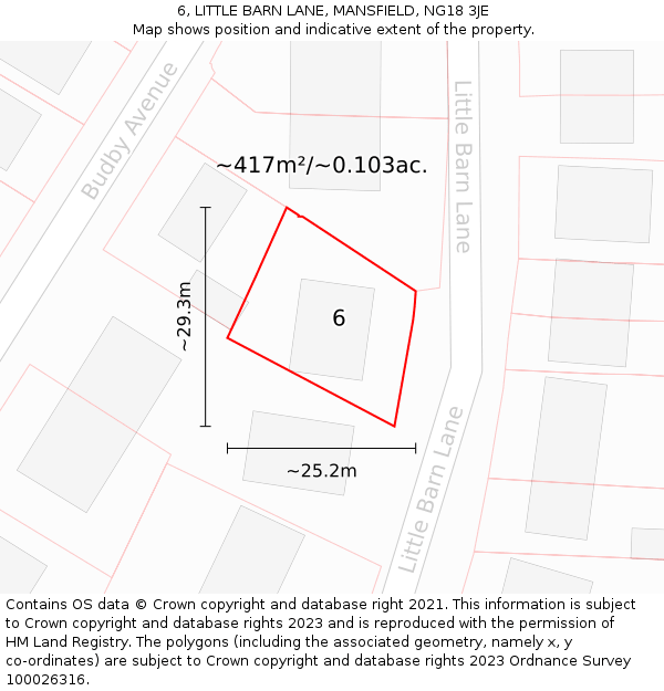 6, LITTLE BARN LANE, MANSFIELD, NG18 3JE: Plot and title map