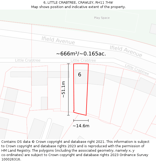 6, LITTLE CRABTREE, CRAWLEY, RH11 7HW: Plot and title map