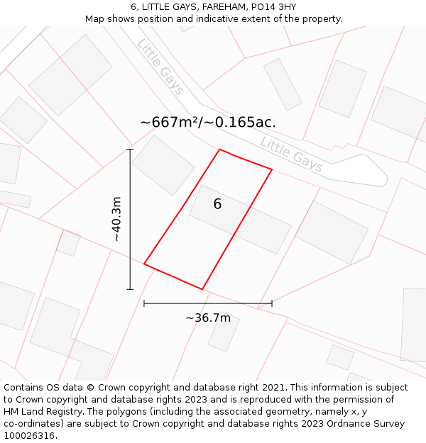 6, LITTLE GAYS, FAREHAM, PO14 3HY: Plot and title map
