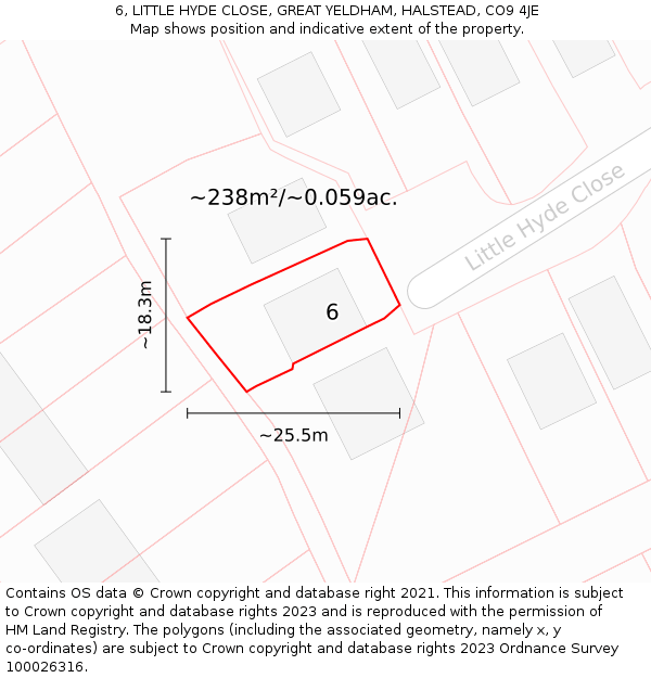 6, LITTLE HYDE CLOSE, GREAT YELDHAM, HALSTEAD, CO9 4JE: Plot and title map