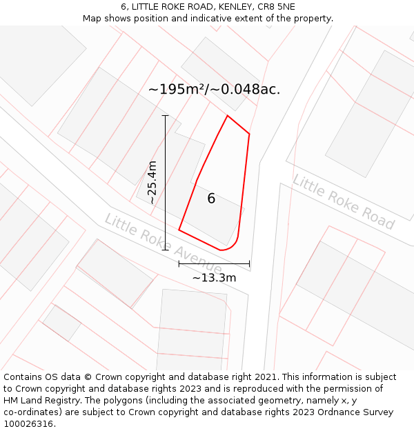 6, LITTLE ROKE ROAD, KENLEY, CR8 5NE: Plot and title map