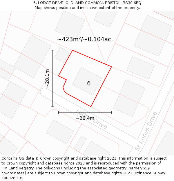 6, LODGE DRIVE, OLDLAND COMMON, BRISTOL, BS30 6RQ: Plot and title map