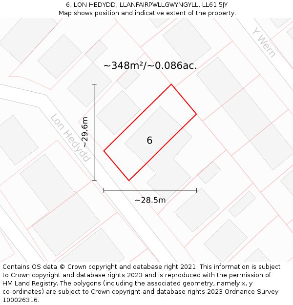 6, LON HEDYDD, LLANFAIRPWLLGWYNGYLL, LL61 5JY: Plot and title map