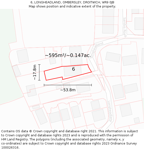 6, LONGHEADLAND, OMBERSLEY, DROITWICH, WR9 0JB: Plot and title map