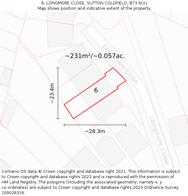 6, LONGMORE CLOSE, SUTTON COLDFIELD, B73 6UU: Plot and title map