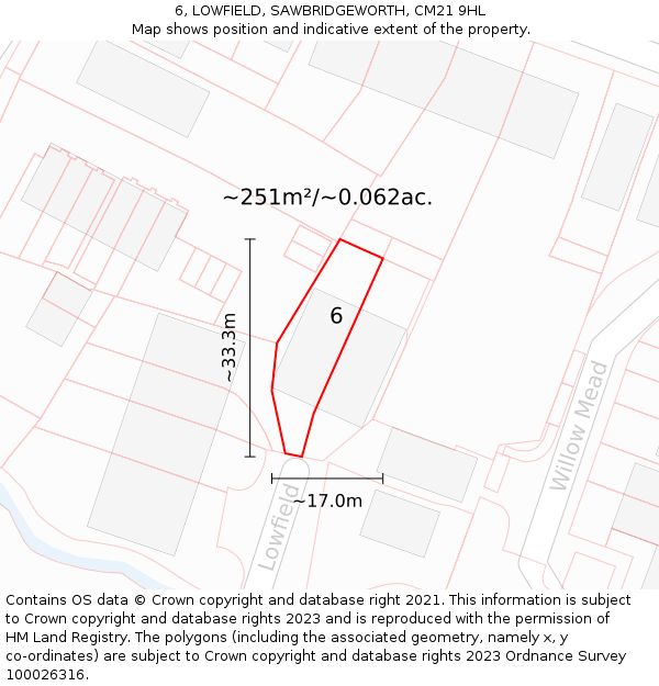 6, LOWFIELD, SAWBRIDGEWORTH, CM21 9HL: Plot and title map