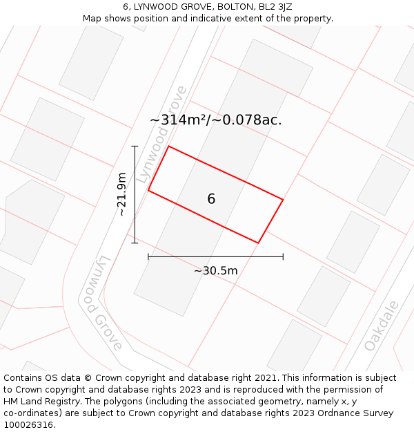 6, LYNWOOD GROVE, BOLTON, BL2 3JZ: Plot and title map