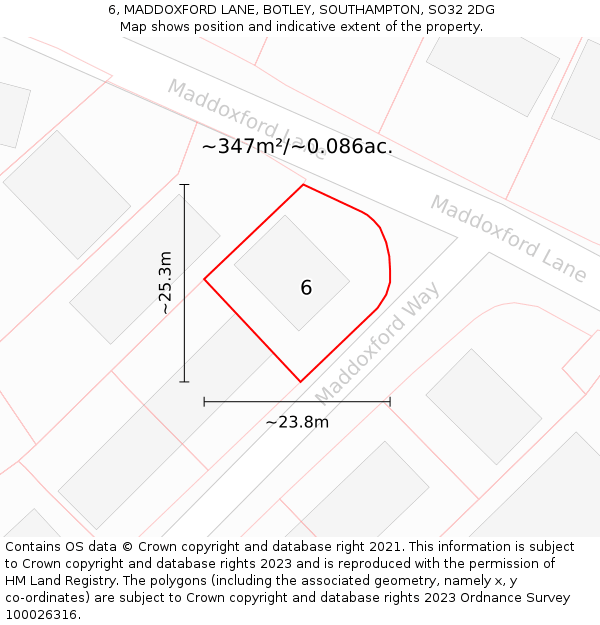 6, MADDOXFORD LANE, BOTLEY, SOUTHAMPTON, SO32 2DG: Plot and title map