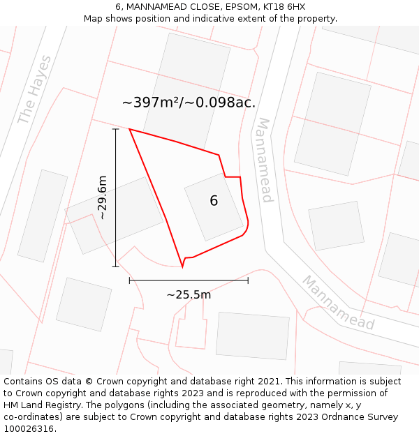 6, MANNAMEAD CLOSE, EPSOM, KT18 6HX: Plot and title map