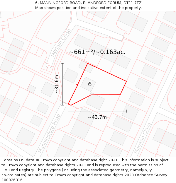 6, MANNINGFORD ROAD, BLANDFORD FORUM, DT11 7TZ: Plot and title map