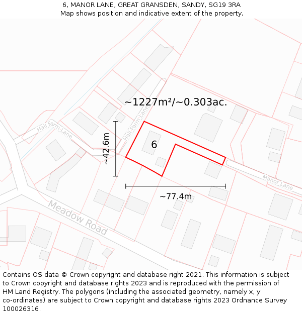 6, MANOR LANE, GREAT GRANSDEN, SANDY, SG19 3RA: Plot and title map