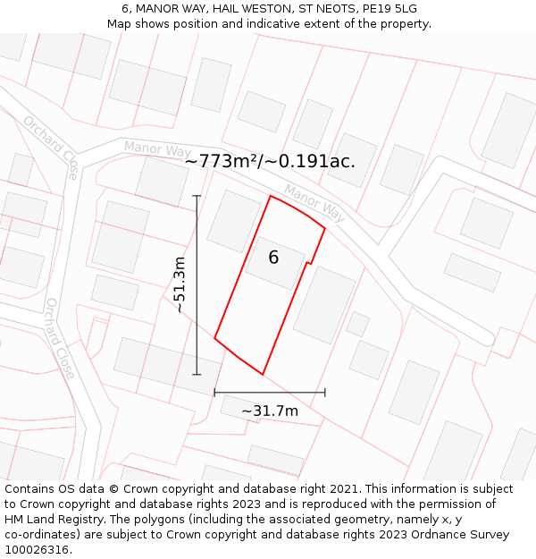 6, MANOR WAY, HAIL WESTON, ST NEOTS, PE19 5LG: Plot and title map