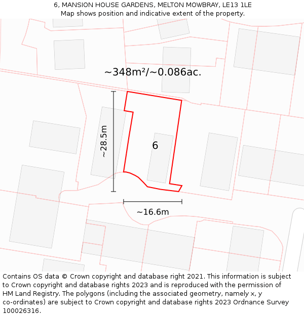 6, MANSION HOUSE GARDENS, MELTON MOWBRAY, LE13 1LE: Plot and title map