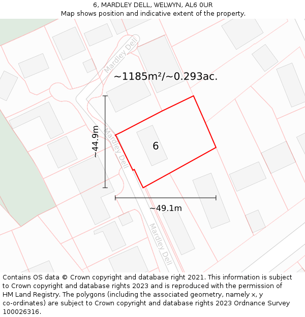 6, MARDLEY DELL, WELWYN, AL6 0UR: Plot and title map