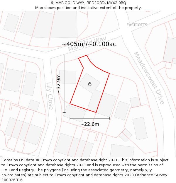 6, MARIGOLD WAY, BEDFORD, MK42 0RQ: Plot and title map