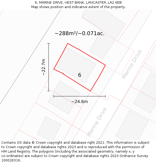 6, MARINE DRIVE, HEST BANK, LANCASTER, LA2 6EB: Plot and title map