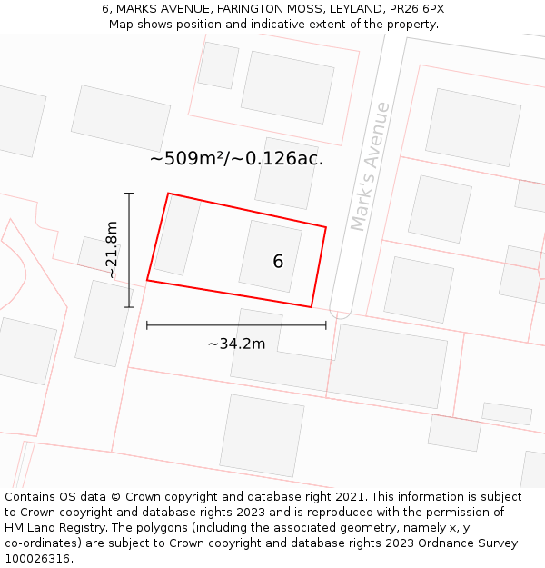 6, MARKS AVENUE, FARINGTON MOSS, LEYLAND, PR26 6PX: Plot and title map