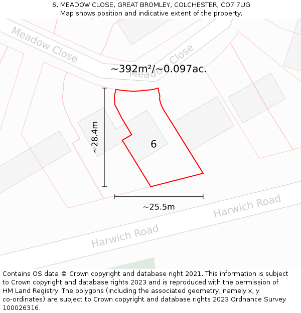 6, MEADOW CLOSE, GREAT BROMLEY, COLCHESTER, CO7 7UG: Plot and title map