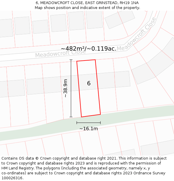 6, MEADOWCROFT CLOSE, EAST GRINSTEAD, RH19 1NA: Plot and title map