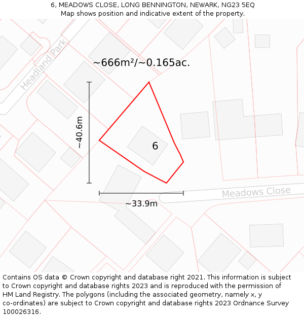 6, MEADOWS CLOSE, LONG BENNINGTON, NEWARK, NG23 5EQ: Plot and title map