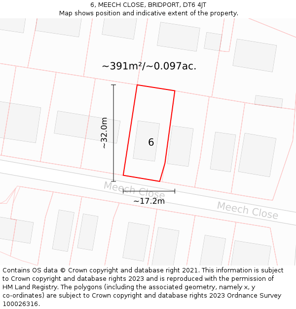 6, MEECH CLOSE, BRIDPORT, DT6 4JT: Plot and title map