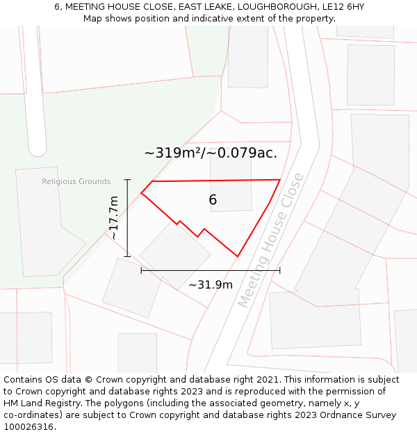 6, MEETING HOUSE CLOSE, EAST LEAKE, LOUGHBOROUGH, LE12 6HY: Plot and title map