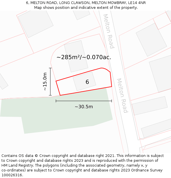 6, MELTON ROAD, LONG CLAWSON, MELTON MOWBRAY, LE14 4NR: Plot and title map