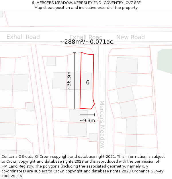 6, MERCERS MEADOW, KERESLEY END, COVENTRY, CV7 8RF: Plot and title map